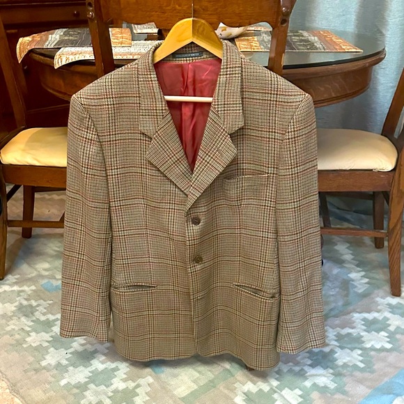 Vintage United Collars Of Benetton Tan Plaid 3 Button Wool Sport Coat 38 US